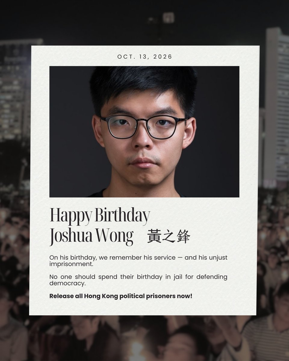 thecfhk's tweet photo. 🕯️Today, political prisoner Joshua Wong 黃之鋒 spends his 30th birthday unjustly imprisoned in Hong Kong.

No one should spend time in prison for defending democracy.

We wish him a happy birthday and call for his immediate release, along with all political prisoners in Hong Kong.

Send him a message of support!👇https://t.co/ifFVfk8y1U