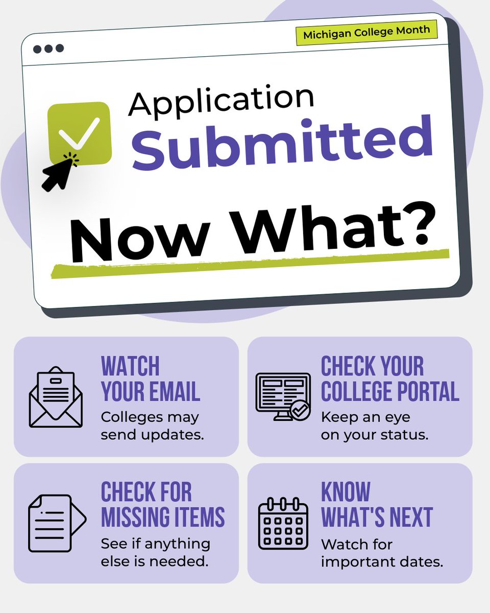 mistudentaid's tweet photo. Application submitted! 🎉

Keep an eye on your email and applicant portal. Your college may reach out with updates, missing items, or next steps.

For more college planning tips: https://t.co/3DE2A7b3YM https://t.co/uCFKNxIAos