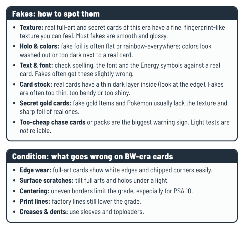 JaeBugzCards's tweet photo. Bonus page: how to spot fake Black &amp; White cards and what hurts their condition. Real full arts have a fine, fingerprint-like texture; most fakes feel smooth and glossy. If your kid could make one card "only one per deck," which would it be? 🐞

#PokemonTCG #PokeParents https://t.co/PjbQIwXkO2