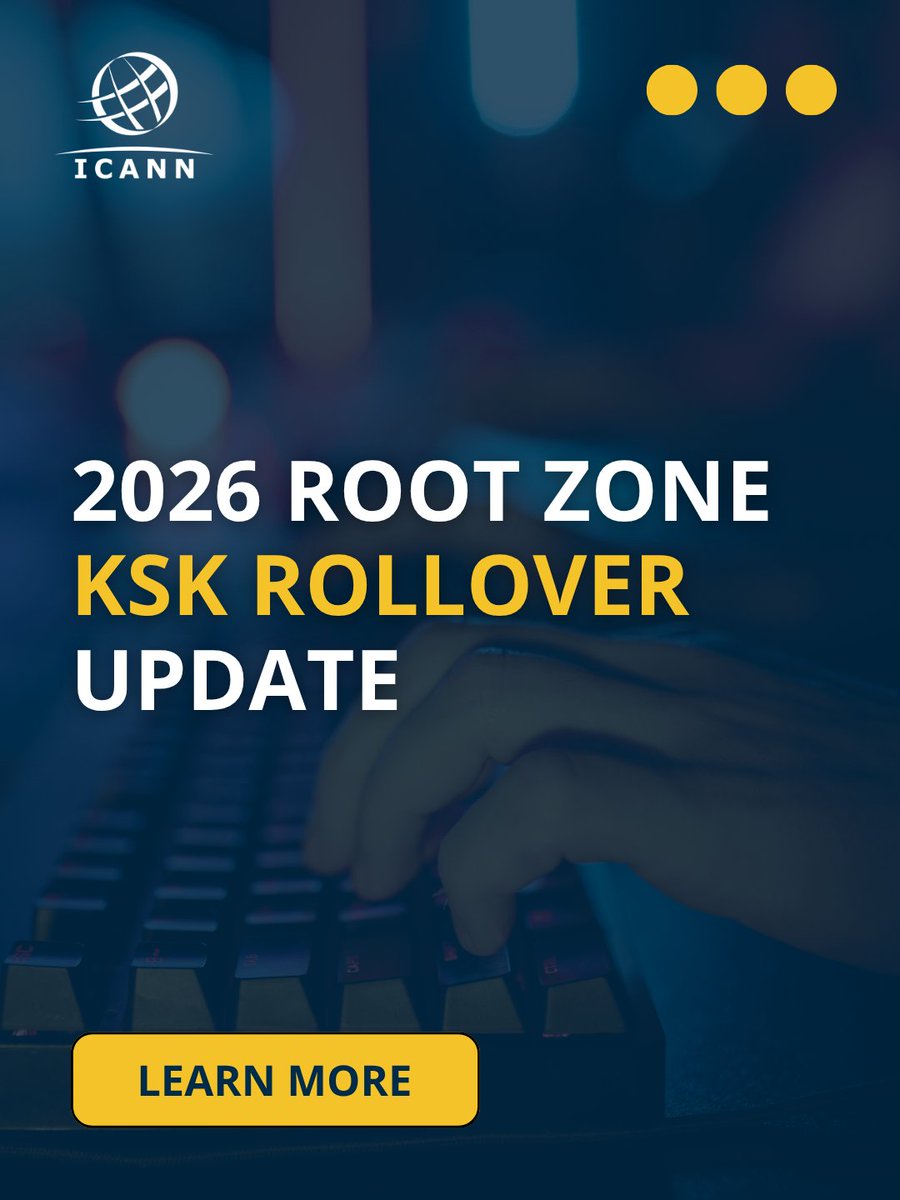ICANN's tweet photo. 🔐 2026 Root KSK Rollover Update: KSK-2024 began signing the DNS root zone on 11 October at 14:00 UTC, as scheduled. No widespread disruptions have been observed. ICANN continues to monitor. #kskrollover
👉 Resources and support: https://t.co/Oyy2TpXky8 https://t.co/ZEX3OEaJyV