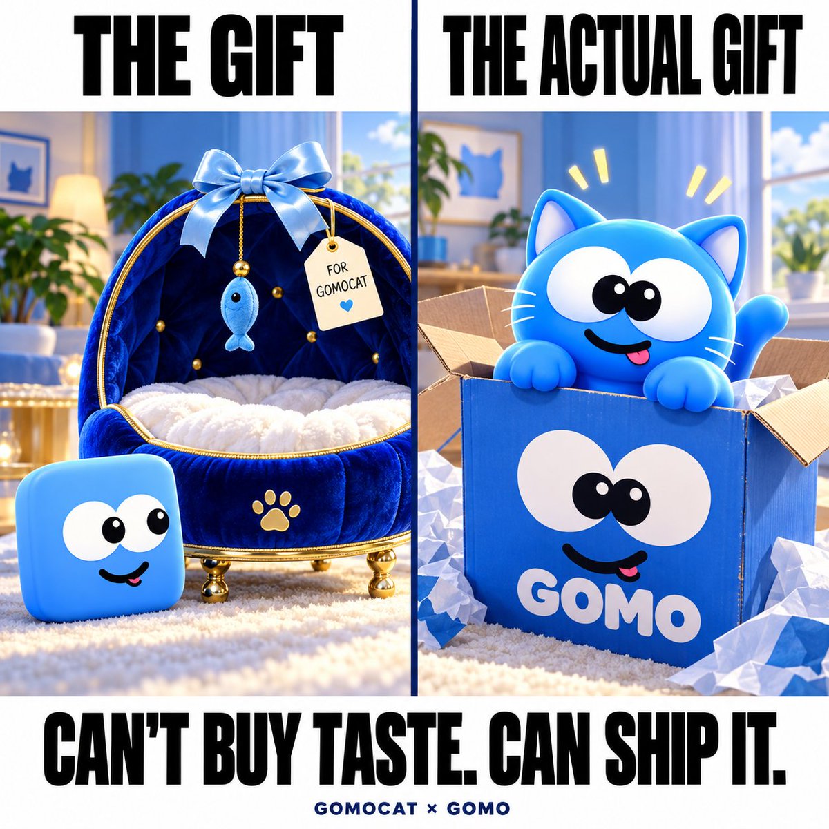 Gumball_gomo's tweet photo. @gomocat_ My original meme is entering the GOMOCAT Meme Contest. Let the community decide. 

Bought him the deluxe bed.
He left a five-star review for the box. 📦🐈💙

https://t.co/uXTmhJFGFY 
@gomocat_ #GOMOCAT #GOMOMEME #3rdentry https://t.co/63RCkTzJqw