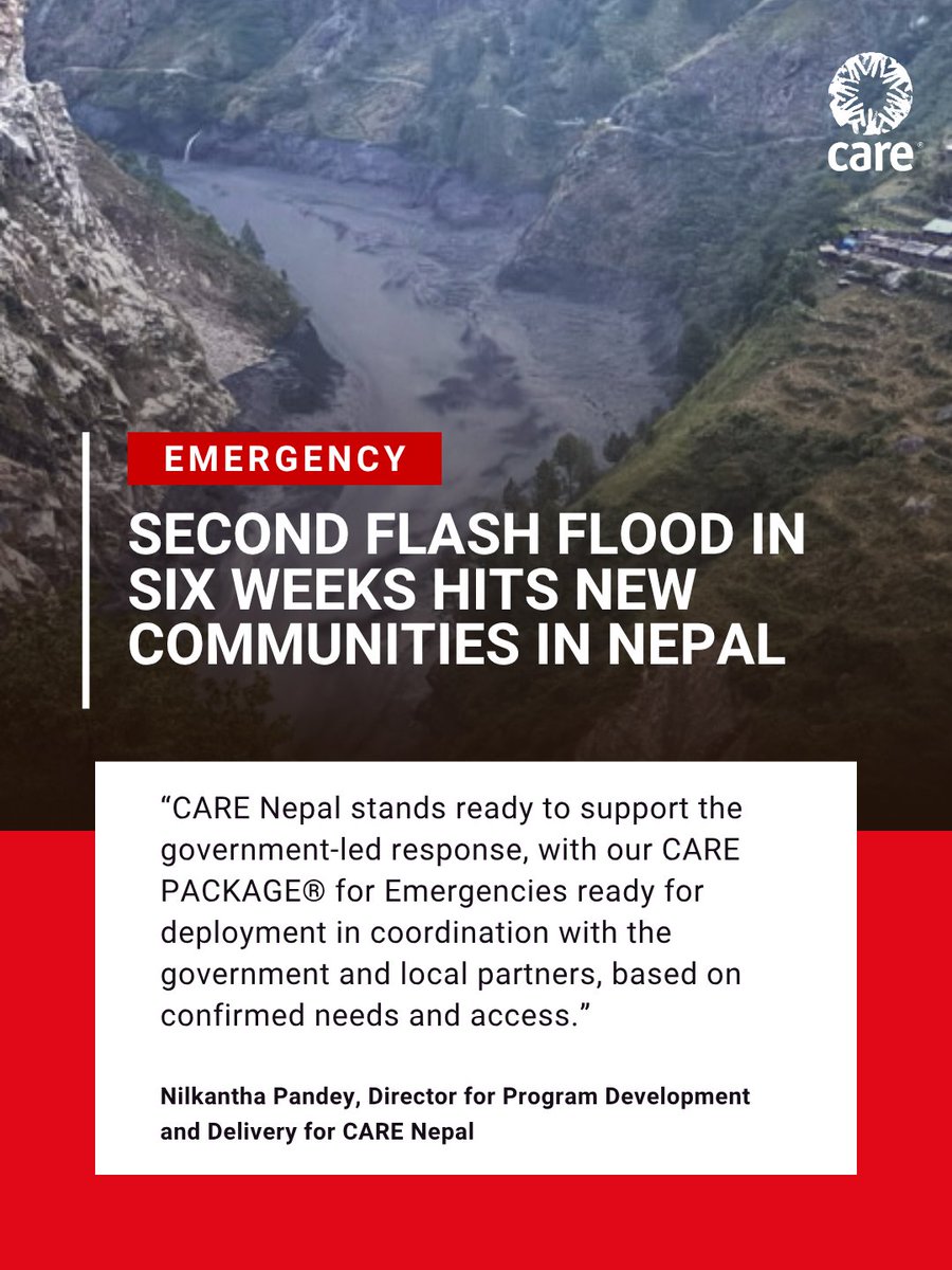 CARE's tweet photo. A flash flood has caused major damage in Nepal’s Gorkha District. Early reports say more than 35 homes and six bridges have been destroyed. Several communities are now cut off from essential services. At least 10 people are missing. Around 125–150 people are directly affected. Thousands more downstream are on alert, as the flood risk remains high.

Read more: https://t.co/z52AKKvULb