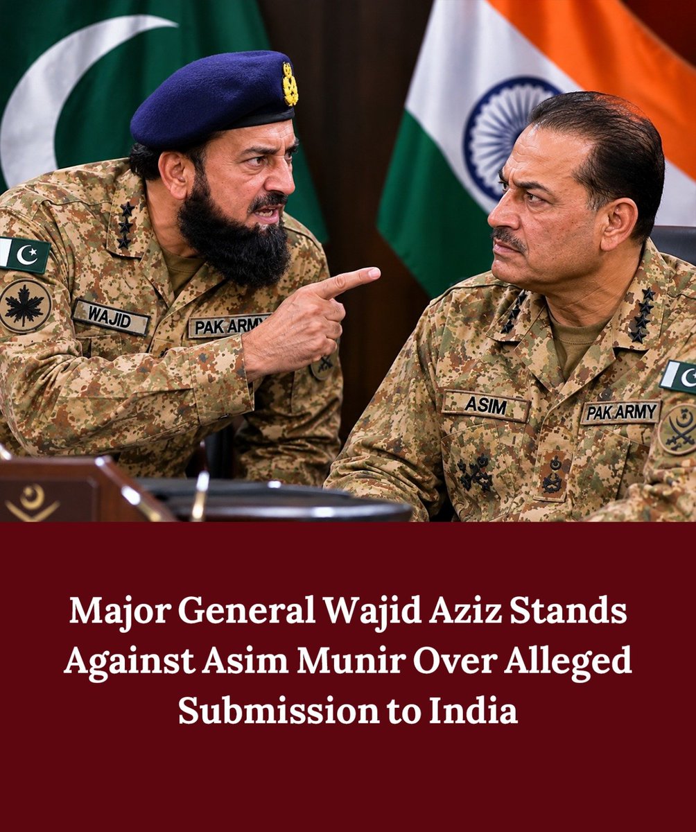PolMirror's tweet photo. 🚨IMPORTANT ⚡️🇵🇰

Major Pakistani General #Wajid_Aziz Also Turns Against #Asim_Munir Over What Is Described as Bowing Down to India

According to reports, Major General Wajid Aziz is furious over what he perceives as Asim Munir’s submissive stance toward #India and his alleged decision to send #Hussain_Haqqani, Pakistan’s former #ambassador to the United States, to India to seek an apology.
 In protest, Wajid Aziz is reportedly refusing to report for #duty.

General Wajid Aziz reportedly argues that Asim Munir secured the rank of Field Marshal under the pretext of #fighting a war against #India , yet he now appears afraid of India and willing to bow down to New #Delhi and accept all its #demands .