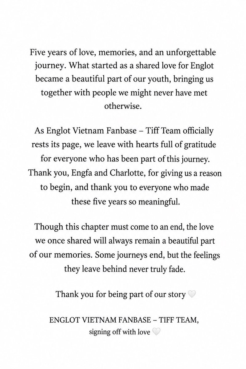 englotvnfb's tweet photo. Thank you to everyone who made these five years so meaningful 🤍

And goodbye…

ENGLOT VIETNAM FANBASE – TIFF TEAM https://t.co/97KEocWDZE