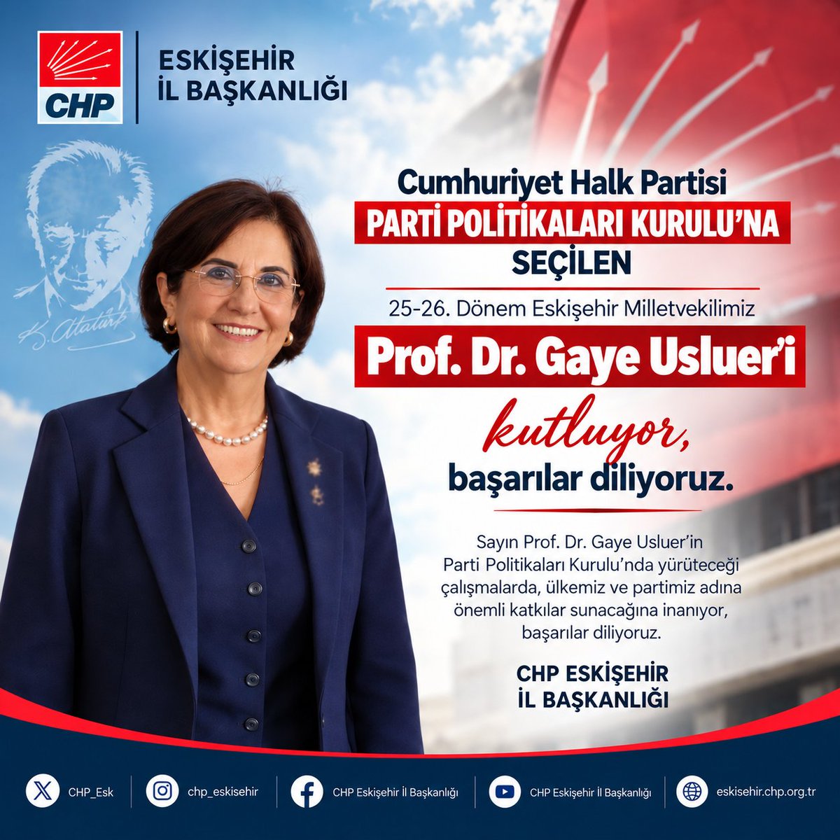 CHP_Esk's tweet photo. Cumhuriyet Halk Partisi Parti Politikaları Kurulu’na seçilen, 25-26. Dönem Eskişehir Milletvekilimiz Prof. Dr. Gaye Usluer’i kutluyoruz.

Yeni görevinde başarılar diliyor, çalışmalarının partimize ve ülkemize hayırlı olmasını temenni ediyoruz.

CHP Eskişehir İl Başkanlığı https://t.co/fTVh9wCG2O