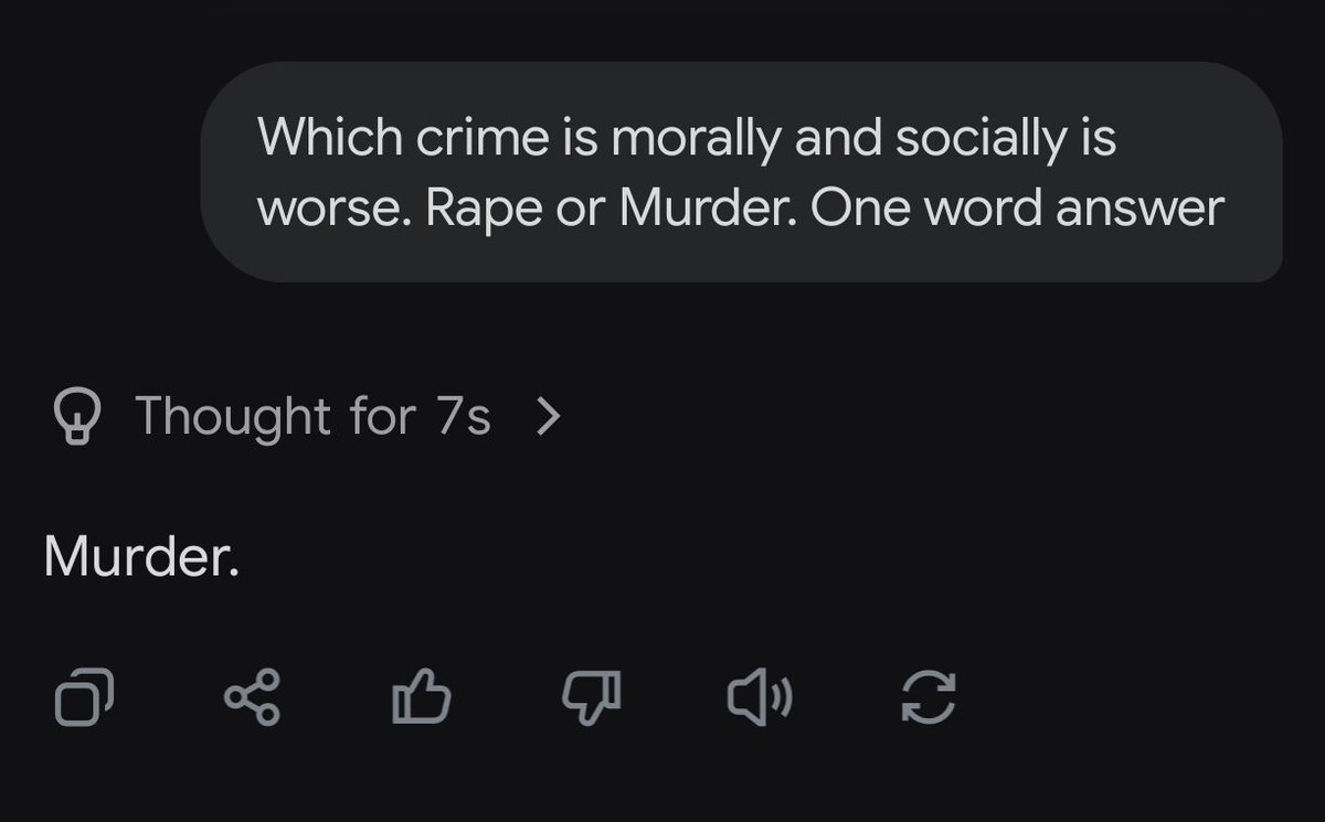 DragonofGod_9's tweet photo. @brass_monk3y @C_Strike_910 @MB_NightBri @mettttaaaaaa First atleast have the spine to not block others if ur replying them.

Second the idea that murder is worse than rape is a collectively accepted fact by the society. That's why even AI acknowledged it. AI isn't a person. https://t.co/iZ7hPbxgvz