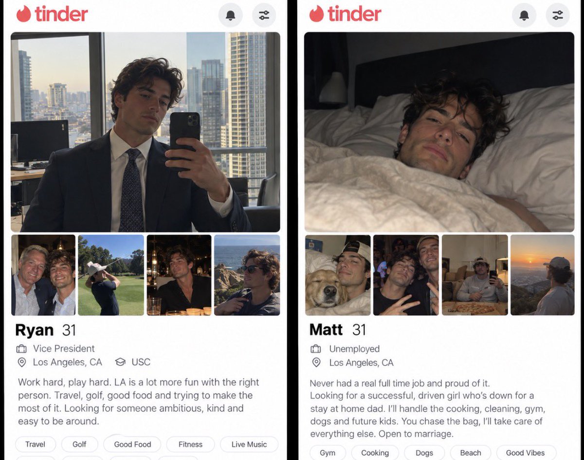 MurrayHillGuy1's tweet photo. 🚨 NEW TERRA CHAD EXPERIMENT

Two 31-year-old Chads in Los Angeles where money clearly matters.

Ryan: VP, millionaire, successful, ambitious, actually has his life together.

Matt: Unemployed. Never held a real full-time job. Wants a boss girl to fund his life while he becomes a stay-at-home dad.

Does money actually matter when the bum is hot enough?

Results soon.