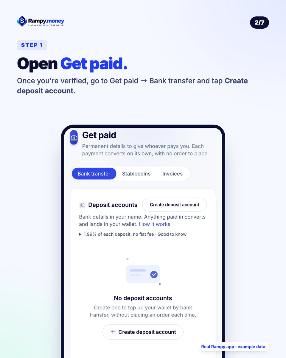 RampyMoney's tweet photo. Your first deposit account in Rampy, in 4 screens:

1. Open Get paid
2. Your account is ready, in your own name
3. Share the bank details
4. Or send a pay link

Each payment converts to stablecoins on arrival. 1.99% per deposit.

https://t.co/Ls4xRNRfGJ https://t.co/wK2zETtCwl