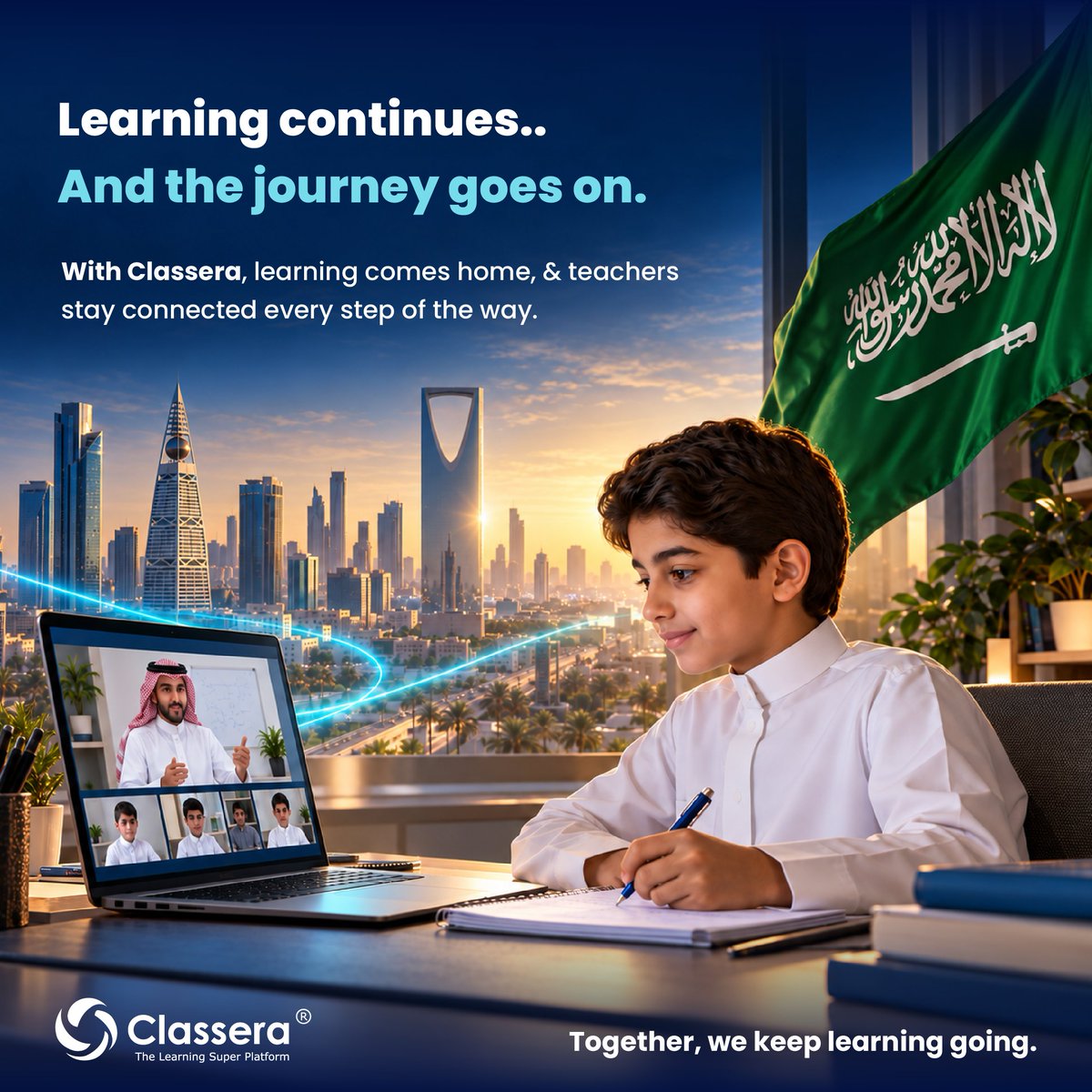 Classera's tweet photo. In exceptional circumstances, the safety of our children remains a priority, and ensuring their continued learning is a shared responsibility.

With Classera, students continue their lessons from home, communicate with their teachers, and manage their assignments through a digital learning environment that connects the school, the student, and the family.

We pray that God protects the Kingdom and its people, and grants everyone continued security and peace of mind.

#Kingdom_of_Saudi_Arabia #Classera #Learning_Never_Stops