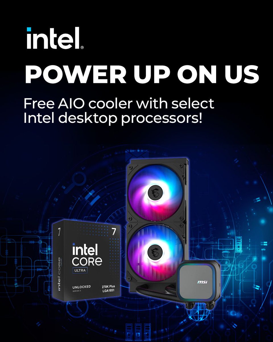 Newegg's tweet photo. Power up on us ❄️ Get a FREE AIO cooler with select Intel® Core™ Ultra desktop processors. Upgrade your CPU and keep it cool, all in one go.

#Intel #PCBuild #Newegg https://t.co/QZF3IaunUm