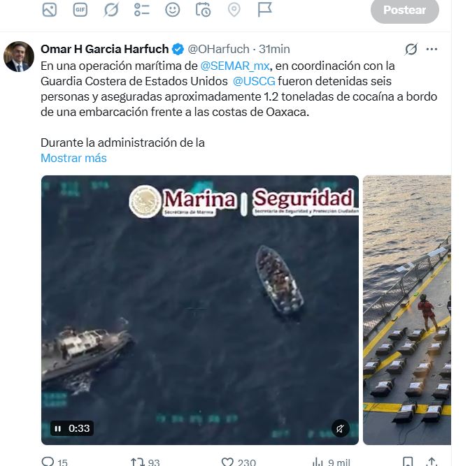 Random_TotalMx's tweet photo. 🚨 GOLPE AL NARCOTRÁFICO: ASEGURAN 1.2 TONELADAS DE COCAÍNA FRENTE A LAS COSTAS DE OAXACA
En una operación marítima coordinada por la Secretaría de Marina (SEMAR) y la Guardia Costera de Estados Unidos, fueron detenidas seis personas y aseguradas aproximadamente 1.2 toneladas de cocaína.
De acuerdo con el secretario de Seguridad y Protección Ciudadana, Omar García Harfuch, el cargamento fue localizado a bordo de una embarcación frente a las costas de Oaxaca.
El operativo forma parte de las acciones de cooperación entre México y Estados Unidos para combatir el tráfico de drogas por vía marítima.