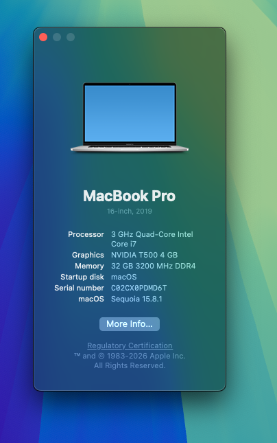 TararaDotJoshua's tweet photo. Nvidia GPU MacOS graphics acceleration on a Thinkpad P14S gen 2 🙃 https://t.co/OnIUs1kGJy