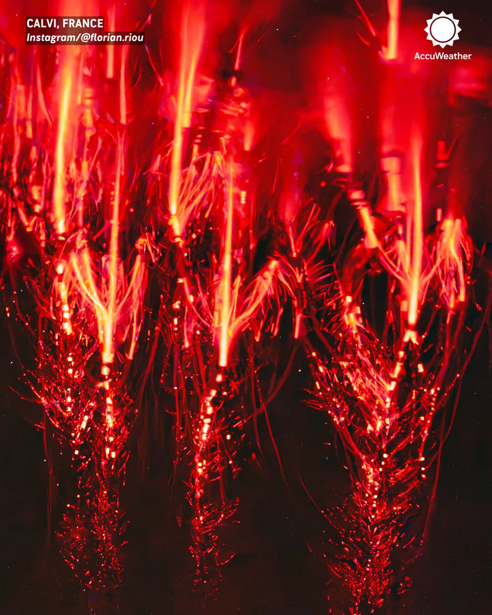 accuweather's tweet photo. A rare sight in the sky over France! Photographer Florian Riou captured stunning red sprites flashing high above a powerful thunderstorm. ⚡

A sprite is a large discharge of electricity high in the atmosphere miles above a thunderstorm that can extend almost to the edge of space, which is considered to be around 62 miles above the Earth's surface. These flashes last only milliseconds.
