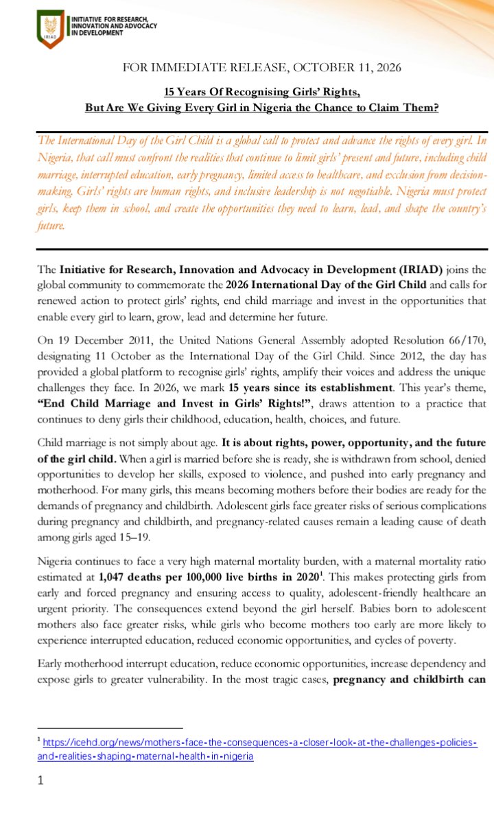 IRIADEV's tweet photo. 15 YEARS OF RECOGNIZING GIRLS' RIGHTS, BUT ARE WE GIVING EVERY GIRL IN NIGERIA THE CHANCE TO CLAIM THEM?

Read IRIAD's full statement. 👇👇👇

@ElectoralHub @PlanGlobal @UNICEF @UN @SavetheChildren @FMWA_ng @NigEducation @ActionAidNG @ActionAidUK https://t.co/ZLKLZYTEwf