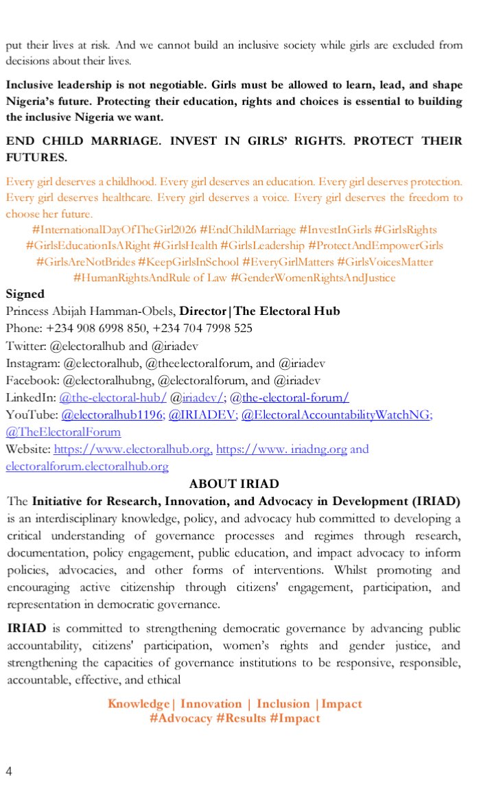 IRIADEV's tweet photo. 15 YEARS OF RECOGNIZING GIRLS' RIGHTS, BUT ARE WE GIVING EVERY GIRL IN NIGERIA THE CHANCE TO CLAIM THEM?

Read IRIAD's full statement. 👇👇👇

@ElectoralHub @PlanGlobal @UNICEF @UN @SavetheChildren @FMWA_ng @NigEducation @ActionAidNG @ActionAidUK https://t.co/ZLKLZYTEwf