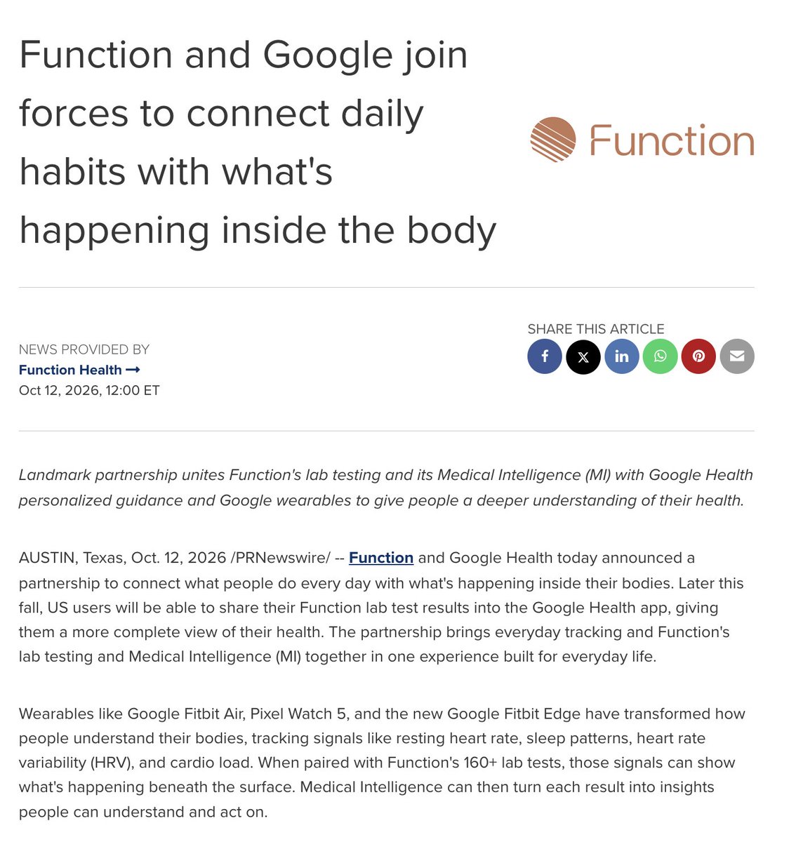 himshouse's tweet photo. 🚨 BREAKING: FUNCTION HEALTH PARTNERS WITH GOOGLE

- Later this fall, U.S. users will be able to share their Function lab results with the Google Health app and Google wearables
- Goal: connect lab testing results with wearable data
- $HIMS CEO Andrew Dudum has said they are planning to integrate wearables data into Hims Labs / AI offering
