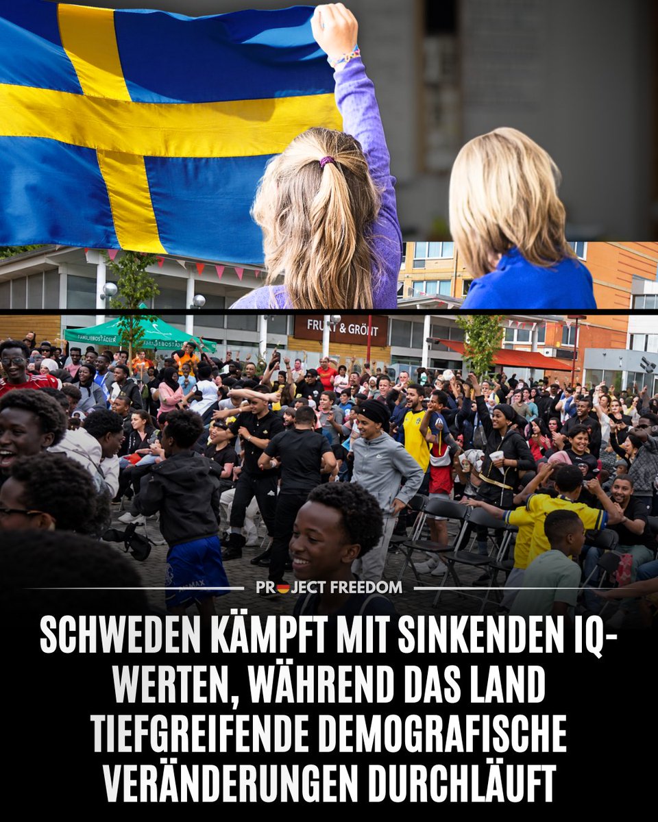 ProjectFreedomD's tweet photo. Schwedische Medien berichten über Bedenken hinsichtlich sinkender IQ-Werte; der durchschnittliche IQ des Landes ist neun Jahre in Folge zurückgegangen – ein Trend, für den Forscher bislang keine eindeutige Erklärung gefunden haben.

Diese Besorgnis folgt auf jahrelange Untersuchungen zum sogenannten „umgekehrten Flynn-Effekt“, bei dem die IQ-Testergebnisse nicht mehr steigen, sondern zu sinken beginnen.

Auch die jüngsten, im vergangenen Monat veröffentlichten PISA-Ergebnisse Schwedens zeigten historisch niedrige Leistungen bei den 15-Jährigen: Zwischen 2022 und 2025 sanken die Ergebnisse im Lesen um 21 Punkte und in Mathematik um 18 Punkte.

Im selben Neunjahreszeitraum durchlief Schweden bedeutende demografische Veränderungen. Seit 1990 ist die Zahl der im Ausland geborenen Einwohner Schwedens um rund 180 % gestiegen – von 790.445 auf 2,21 Millionen im Jahr 2025 –, was einem Anstieg des Bevölkerungsanteils von 9,2 % auf 20,8 % entspricht. 26,6 % der Kinder im Land haben einen Migrationshintergrund.

Das Land nahm nacheinander Flüchtlings- und Asylsuchendenströme auf: in den 1990er Jahren aus Somalia, in den 2000er Jahren aus dem Irak sowie in den 2010er Jahren aus Syrien, Afghanistan, Eritrea, dem Irak und Somalia.