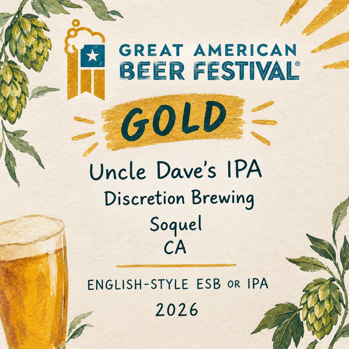 DiscretionBrew's tweet photo. Uncle Dave’s IPA wins gold at @GABF🥇! We’re so proud of our brewing team 🙌 https://t.co/jyKKtzvGbn