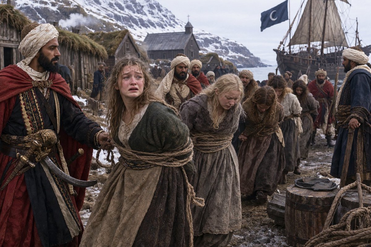 archeohistories's tweet photo. Algiers corsairs and other Barbary pirates raided Iceland in July 1627—an event known in Icelandic as the Tyrkjaránið (Turkish Abductions)—killing 51 people and capturing approximately 400 men, women, and children to sell in North African slave markets. Women and girls, alongside men and children, were loaded onto ships and transported across the Atlantic and Mediterranean to Algiers. Upon arrival, captives were displayed and sold into slavery in public markets. Many female captives faced forced labor, harsh living conditions, or forced conversions to Islam. Over the following years, European monarchies (such as Denmark) and families negotiated and paid ransoms for a fraction of the survivors—including notable figures like Guðríður Símonardóttir—allowing around 40 to 50 individuals to eventually return home over a span of 9 to 18 years... 

At dawn on July 16, 1627, three ships appeared off Heimaey, an island south of Iceland. The people on shore had little time to understand what they were seeing. The ships carried corsairs from Algiers. Armed men came ashore, swept through the settlement, killed anyone who resisted, and seized whoever could not escape.

The island’s pastor, Ólafur Egilsson, was taken with his wife and children. So were hundreds of his neighbors. By the time the ships left, 242 people from Heimaey had been carried away to the thriving Islamic slave markets of North Africa.

Ólafur’s wife was pregnant. She would give birth during the voyage.

In Algiers, the captives were marched through the streets and sold. Families were separated in the marketplace. Ólafur watched as his eleven-year-old son was taken from him. He urged the boy not to abandon his Christian faith. His son answered, “They can treat my body as they will, but my soul I shall keep for my good God.”

Then they led the boy away.

Ólafur, his wife, and their two youngest children were held together for a time. But then his captors thought of a lucrative plan. They would send him across Europe to ask Denmark’s king—whose kingdom then included Iceland—for ransom money.

Ólafur traveled from Algiers through Italy, France, and the Netherlands to Denmark. The record is unclear about any ransom payment, but he did return to Iceland in 1628, without his family. His wife did not return until 1637. Their sons, however, never came home.

The Iceland raid was only one small episode in a much wider campaign by Muslim corsairs, whose raids carried millions of Christians into the slave markets of the Islamic world. Boys could be taken to serve in Muslim armies, girls sold into harems, and adults condemned to back-breaking labor. Ólafur’s surviving journal gives one family a human voice amid countless others whose names and stories were lost.

Ólafur was one of the lucky ones. He came home. But his children did not. His memoir preserved the moment a father watched his son disappear into slavery—and the words the boy left behind.

“They can treat my body as they will, but my soul I shall keep for my good God.”

#archaeohistories