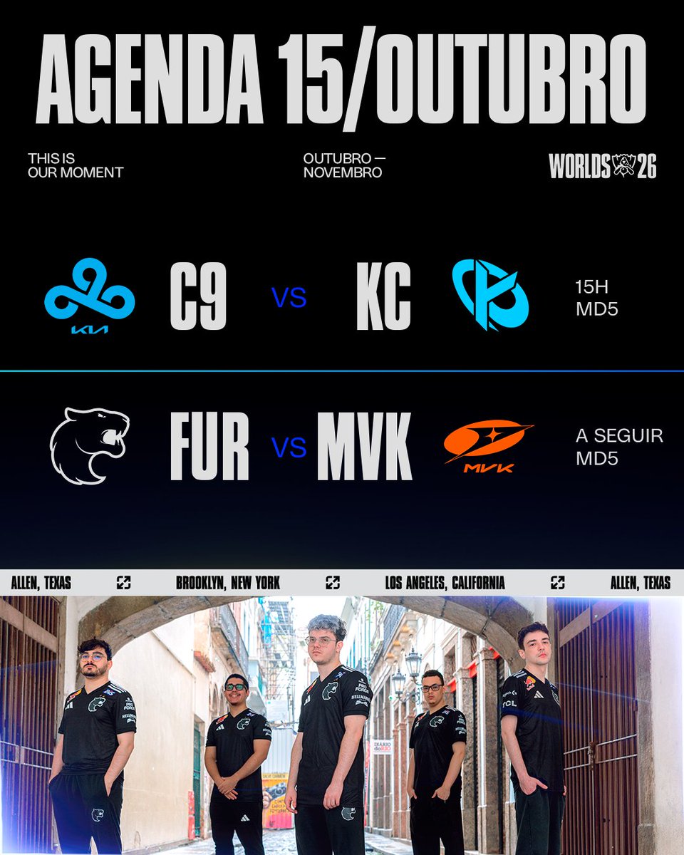 CBLOL's tweet photo. Temos o horário da estreia da @FURIA no #Worlds2026!

A Pantera estreia na segunda Md5 desta quinta-feira 👇

🕒 15h - @C9LoL 🆚 @KarmineCorp 
⌛ A seguir - FUR 🆚 @MVK_VN https://t.co/GT6CLidpnM