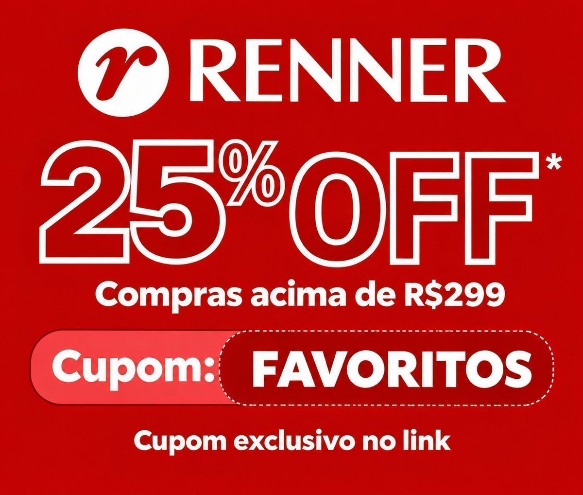 AchouCupom's tweet photo. Renner com 25% OFF 

🏷️ Cupom: FAVORITOS 

🔗 https://t.co/dORbAW7zrd https://t.co/IPctQwfJHY