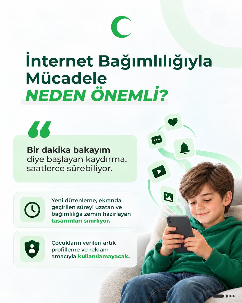 1920yesilay's tweet photo. Yeni düzenlemeyle çocuklarımızın dijital dünyada korunması ve internet bağımlılığıyla mücadele için önemli bir adım atılıyor. 

Siz yeni sosyal medya düzenlemesi hakkında ne düşünüyorsunuz?

Detaylar için kaydır 👉

#Yeşilay #SosyalMedya https://t.co/UYcUDNZ7P7
