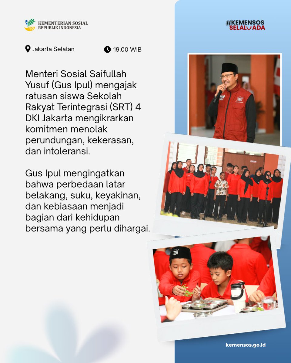KemensosRI's tweet photo. Menanamkan sikap saling menghormati di Sekolah Rakyat, memperkuat peran pendidikan karakter, hingga menggerakkan lebih banyak Agen Perlinsos. Dua hari, berbagai langkah untuk memperkuat perlindungan sosial.

#SelaluAdaKabarBaik edisi 11-12 Oktober, Baca selengkapnya. https://t.co/3X6tmbdWmo