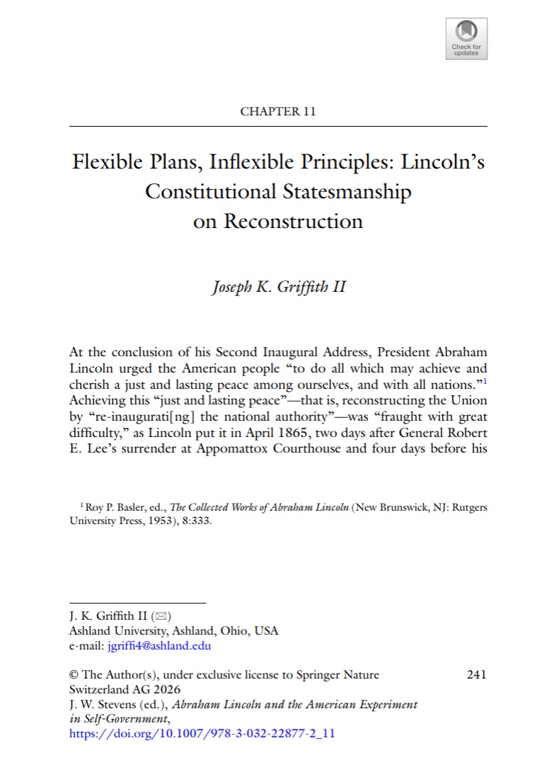 profjoegriffith's tweet photo. New volume on Lincoln!

My chapter explores 
🎩 how Lincoln’s understanding of 
🥕 his Article II pardon power and
⚖️ federalism
🇺🇸 shaped his reconstruction policy

Diana Schaub, Michael Zuckert, @GregMcBrayer3, @carringtonam, etc contribute too!

@AshbrookCenter @Ashland_Univ https://t.co/2ON1pVY6o3