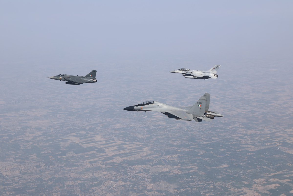 IAF_MCC's tweet photo. A FINAL FIGHTER SORTIE. A LIFETIME OF PASSION.

At the controls of the indigenous Tejas, the Chief of the Air Staff, Air Chief Marshal AP Singh, takes to the skies for his last fighter sortie — a defining moment in a distinguished career shaped by an abiding passion for flying and an unwavering commitment to serving the Nation.

Flying alongside Friendly Foreign Country aircraft and the Suryakiran Aerobatic Team during Exercise #TarangShakti26, the sortie reflects the spirit of a fighter pilot who has always believed in leading from the front.

As one chapter draws to a close, the passion remains undiminished. The skies may mark the end of a flying chapter, but the mission of service to the Nation continues.

Once a fighter pilot. Always a fighter pilot.

#IndianAirForce #PowerInPartnership #Tejas
#TarangShakti26

@ausairforce
@armeedelair
@usairforce
@team_luftwaffe
@modgovae
@defenceminindia 
@HQ_IDS_India 
@careeriniaf
@air_veterans