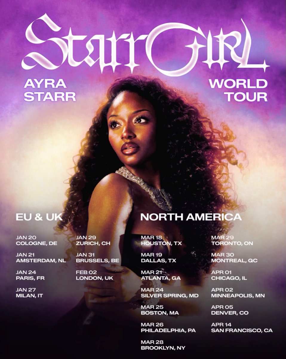 PulseNigeria247's tweet photo. Ayra Starr announces "StarrGirl" World Tour!!!

The tour runs from January 20 to April 14 across Europe, the UK and North America!!! https://t.co/SnHGToFCgl