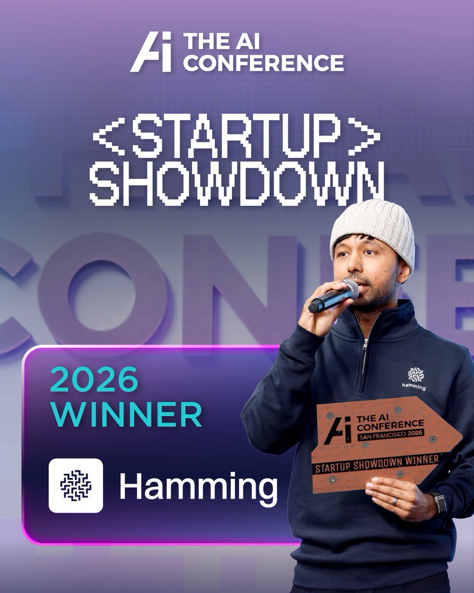 AIconference's tweet photo. 🏆 Congratulations to the winners of The AI Conference 2026 Startup Showdown!

🥇 Startup Showdown Winner: @HammingAI

🏅 People’s Choice Award: Brainstorm Therapeutics

Thank you to all the startups that took the stage to pitch their ideas and showcase what they're building. https://t.co/Ikx73f8SYY