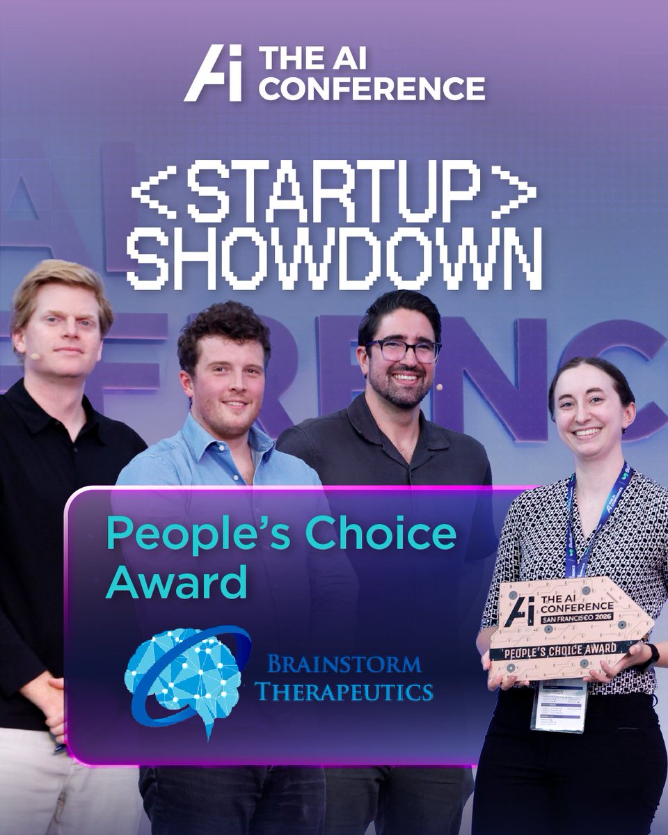 AIconference's tweet photo. 🏆 Congratulations to the winners of The AI Conference 2026 Startup Showdown!

🥇 Startup Showdown Winner: @HammingAI

🏅 People’s Choice Award: Brainstorm Therapeutics

Thank you to all the startups that took the stage to pitch their ideas and showcase what they're building. https://t.co/Ikx73f8SYY