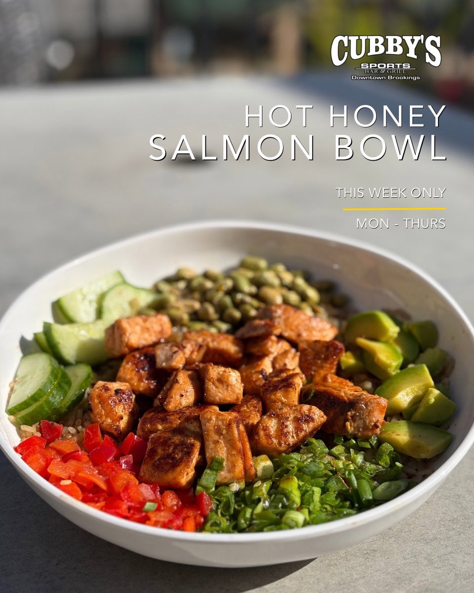 CubbysBrookings's tweet photo. Hot honey glazed salmon over Thai rice with avocado and all the good stuff. Here through Thursday! https://t.co/2MkwUKAz52