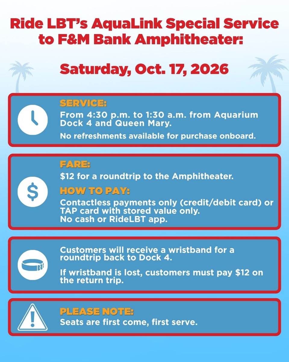lbtransit's tweet photo. Heading to @FMBAmp on Saturday, Oct. 17? Make it a night to remember with LBT's AquaLink!

Enjoy special AquaLink service between Aquarium Dock 4 &amp; the Queen Mary, with departures every 30 min before the show &amp; return trips after the event.

Learn more at https://t.co/yxhEXAa77U. https://t.co/CLl8LN4qEy