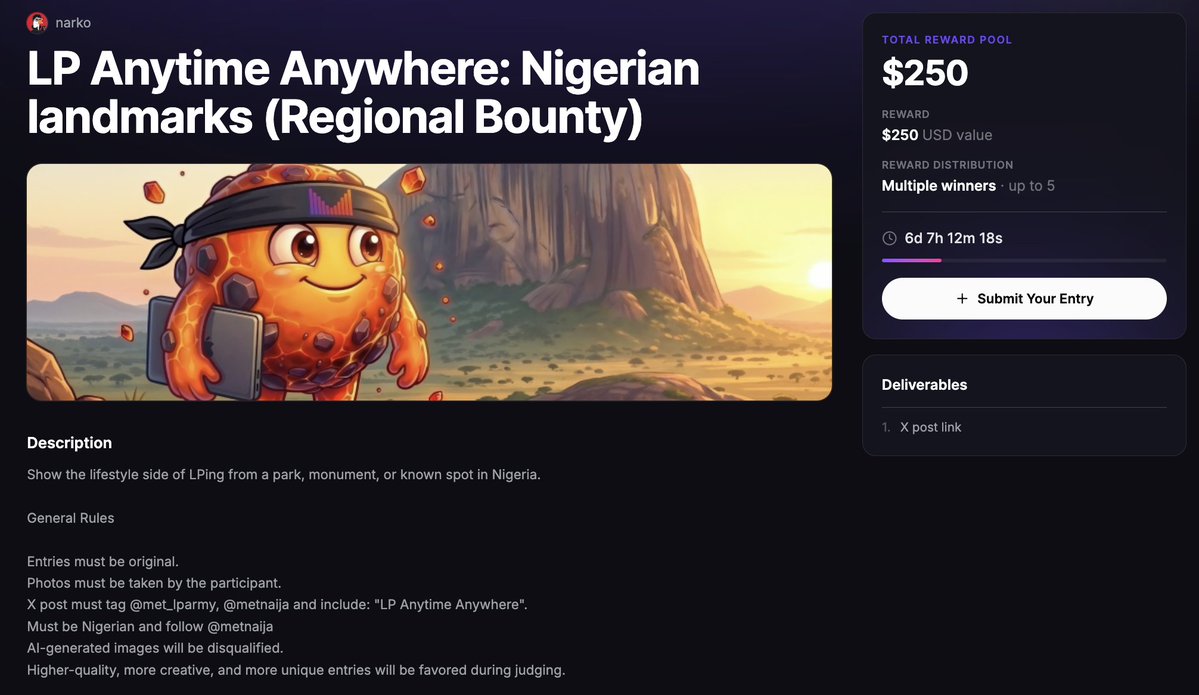 MetNaija's tweet photo. 6 days left to show us what LPing looks like in your part of Nigeria.

From parks to monuments and other iconic spots, take LP Anytime Anywhere to a Nigerian landmark and turn it into content worth sharing.

Remember to follow and tag @MetNaija, @met_lparmy, and include “LP Anytime Anywhere” in your X post.

Full details on the LP Army website: https://t.co/6VgD9GSoBq