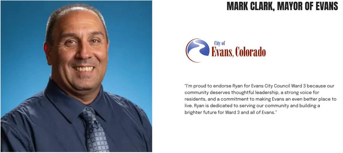 Schuiling4Evans's tweet photo. Grateful to have the support of current Evans mayor Mark Clark, who has been a steady hand leading the city through its last decade of unprecedented growth. Looking forward to building upon what he has established and continuing his vision for Evans on City Council for Ward 3. https://t.co/KTv8lSQSCf