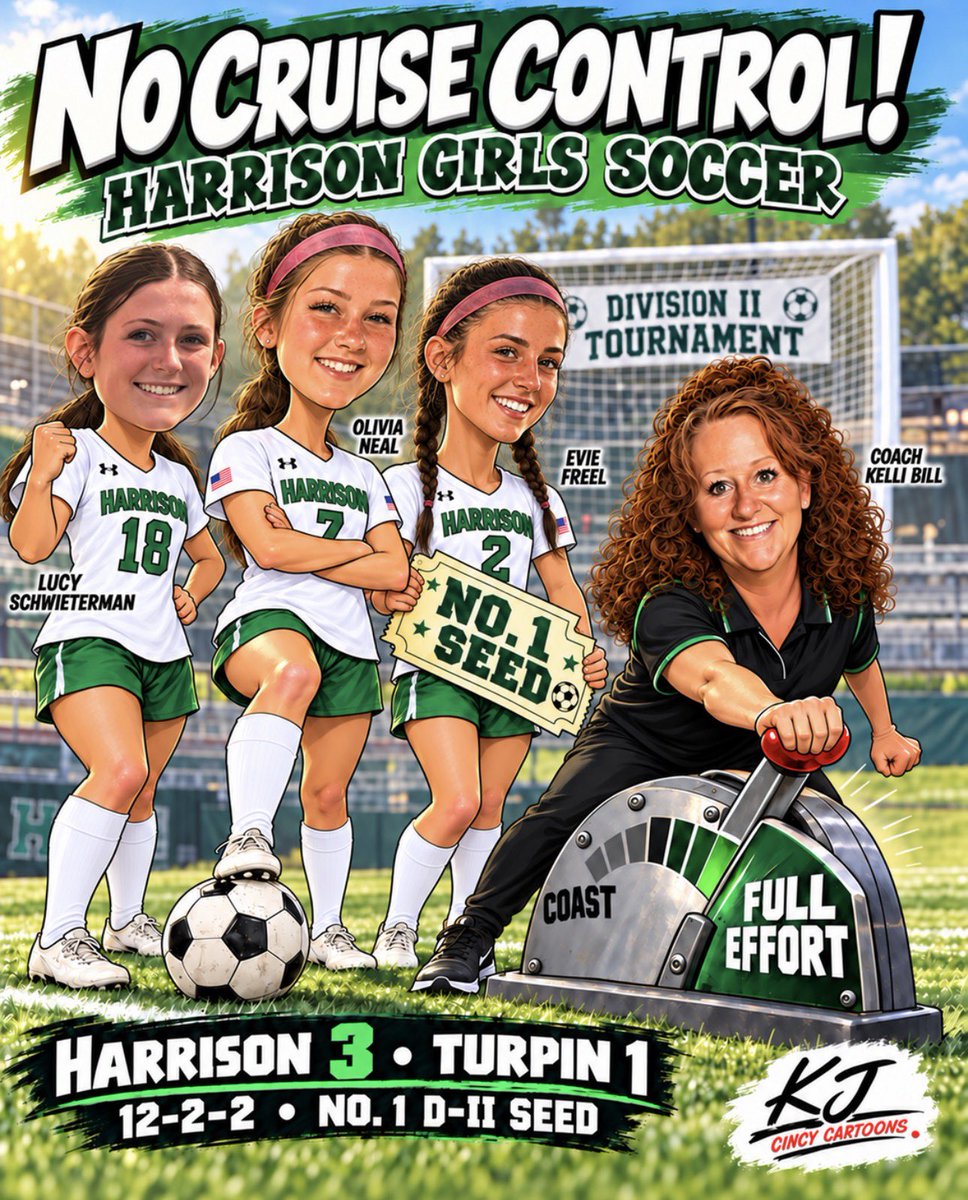 cincybuffs's tweet photo. Harrison secured the No. 1 seed. Coach Kelli Bill immediately repossessed the cruise control. 😂⚽

Lucy Schwieterman, Olivia Neal and Evie Freel scored in the Wildcats’ 3–1 win at Turpin. Next assignment: FULL EFFORT for all 80 minutes!

Click the link to view the accompanying article…
https://t.co/Mil9FNuQnl
By Rick Cassano — @rickcassano

@HarrisonGSoccer @WildcatsOfHHS @TurpinSpartans

#HarrisonWildcats #GirlsSoccer #CincyCartoons