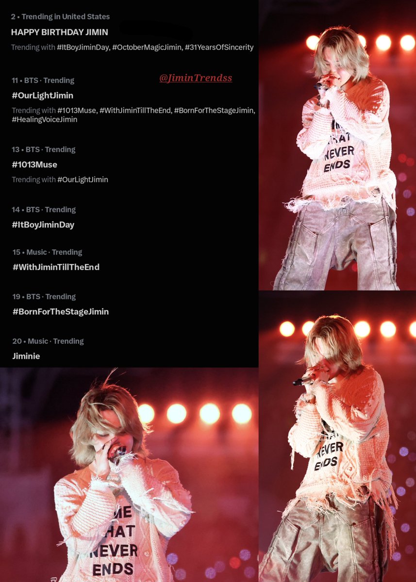 JiminTrendss's tweet photo. Jimin is trending at #2,#11,#13,#14,#15,#19&amp; #20 in the United States, with multiple hashtags &amp; keywords!🇺🇸🎂

HAPPY BIRTHDAY JIMIN
#ItBoyJiminDay
#OctoberMagicJimin
#31YearsOfSincerity
#OurLightJimin
#1013Muse
#WithJiminTillTheEnd
#BornForTheStageJimin
#HealingVoiceJimin
Jiminie https://t.co/NY4OF334DC