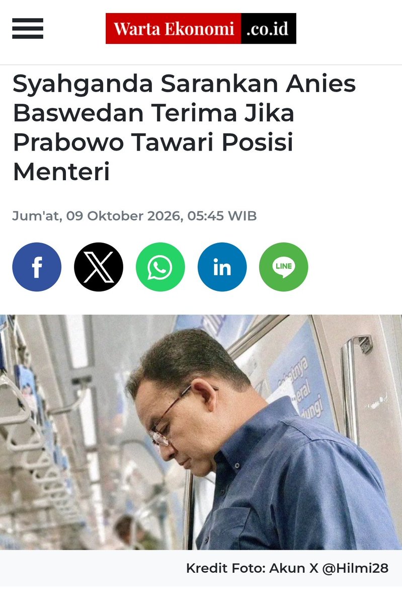 DokterTifa's tweet photo. SAYA SARANKAN ANIES TERIMA TAWARAN PRABOWO JIKA MEMANG ADA!

Saya sependapat dengan gagasan Syahganda Nainggolan yang menyarankan Anies Baswedan menerima tawaran menjadi menteri apabila Presiden Prabowo Subianto benar-benar menawarkannya.

 Syahganda bahkan menyebut posisi Menteri Pendidikan sebagai salah satu pilihan yang cocok bagi Anies. Namun, sampai saat ini, wacana tersebut belum berarti sudah ada tawaran resmi dari Prabowo.

Bagi saya, ada pelajaran penting dari sejarah politik Indonesia.

Prabowo Subianto pernah menjadi rival politik Jokowi, tetapi akhirnya bersedia masuk ke dalam pemerintahan sebagai Menteri Pertahanan. Prabowo tidak harus menjadi presiden terlebih dahulu untuk ikut bekerja bagi negara.

Mengapa Anies tidak bisa mengambil pelajaran serupa?

Pilpres 2024 sudah berlalu. Anies kalah dalam kontestasi tersebut. Saya memahami bahwa seorang tokoh politik tentu memiliki cita-cita dan agenda besar untuk bangsanya. Tetapi pengabdian kepada bangsa tidak semestinya berhenti hanya karena seseorang belum berhasil menjadi presiden.

Sudah lebih dari dua tahun sejak Pilpres Februari 2024. Saya menunggu kiprah Anies, menunggu gagasan besar yang diwujudkan menjadi gerakan nyata, menunggu gebrakan yang dampaknya bisa dirasakan masyarakat luas.

Dengan nama besar, pengalaman sebagai Gubernur DKI Jakarta, latar belakang akademik, dan modal kepercayaan publik yang dimilikinya, Anies semestinya dapat terus berkarya melalui berbagai jalan.

Jangan sampai energi politik habis untuk menunggu momentum Pilpres berikutnya.

Jika kesempatan menjadi menteri benar-benar datang, mengapa tidak dimanfaatkan untuk membenahi satu sektor penting dalam kehidupan bangsa? Pendidikan, misalnya, merupakan fondasi masa depan Indonesia. Ada begitu banyak persoalan yang membutuhkan pemikiran, keberanian, dan kerja nyata.

Tentu saja, menerima jabatan bukan berarti harus kehilangan sikap kritis. Bergabung ke pemerintahan tidak berarti harus membenarkan semua kebijakan. Justru seorang tokoh yang memiliki gagasan berbeda dapat memberikan perspektif baru dari dalam pemerintahan, sepanjang ia tetap berpegang pada integritas dan prinsipnya.

Dan jika akhirnya tidak ada tawaran menjadi menteri, Anies tetap mempunyai ruang luas untuk berkarya: membangun pusat pemikiran, mengembangkan gagasan pendidikan, menggerakkan masyarakat, membina generasi muda, dan menawarkan solusi konkret bagi persoalan bangsa.

Sebab, yang dibutuhkan Indonesia bukan sekadar nama besar yang terus dipelihara, melainkan pemikiran yang diwujudkan menjadi tindakan.

Anies, bangsa ini tidak bisa terus menunggu.

Menjadi presiden adalah satu jalan pengabdian. Menjadi menteri adalah jalan yang lain. Di luar keduanya, masih ada begitu banyak ruang untuk membuat perubahan.

Pada akhirnya, sejarah tidak hanya mencatat siapa yang pernah hampir menjadi presiden. Sejarah juga mencatat siapa yang benar-benar bekerja dan memberikan manfaat bagi rakyat.

Jabatan boleh berganti. Kontestasi boleh dimenangkan atau dikalahkan. Tetapi pengabdian kepada bangsa tidak boleh berhenti.

Jakarta, 12 Oktober 2026
Tifauzia Tyassuma