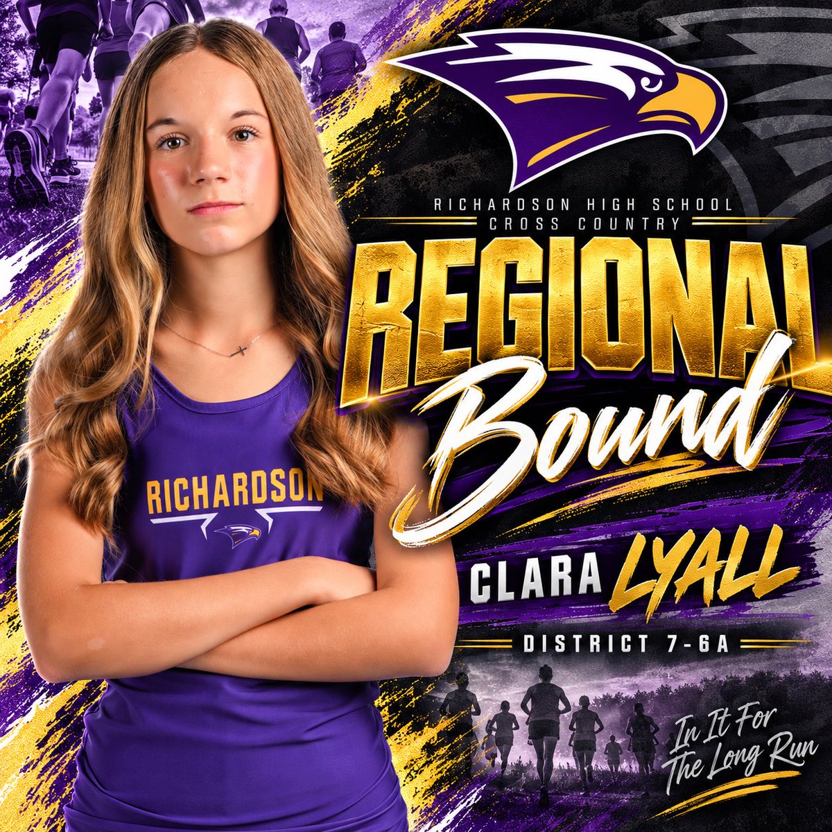 RHS__XC's tweet photo. CLARA LYALL, the Freshman, has punched her ticket to Regionals!!!!

She also received the Freshman of The Year award for District 7-6A

We are so proud of you!!!!🥳🥳💜🦅💪🏾

#EaglesSetTheStandard
#RegionalBound https://t.co/lPaKsEQEA3