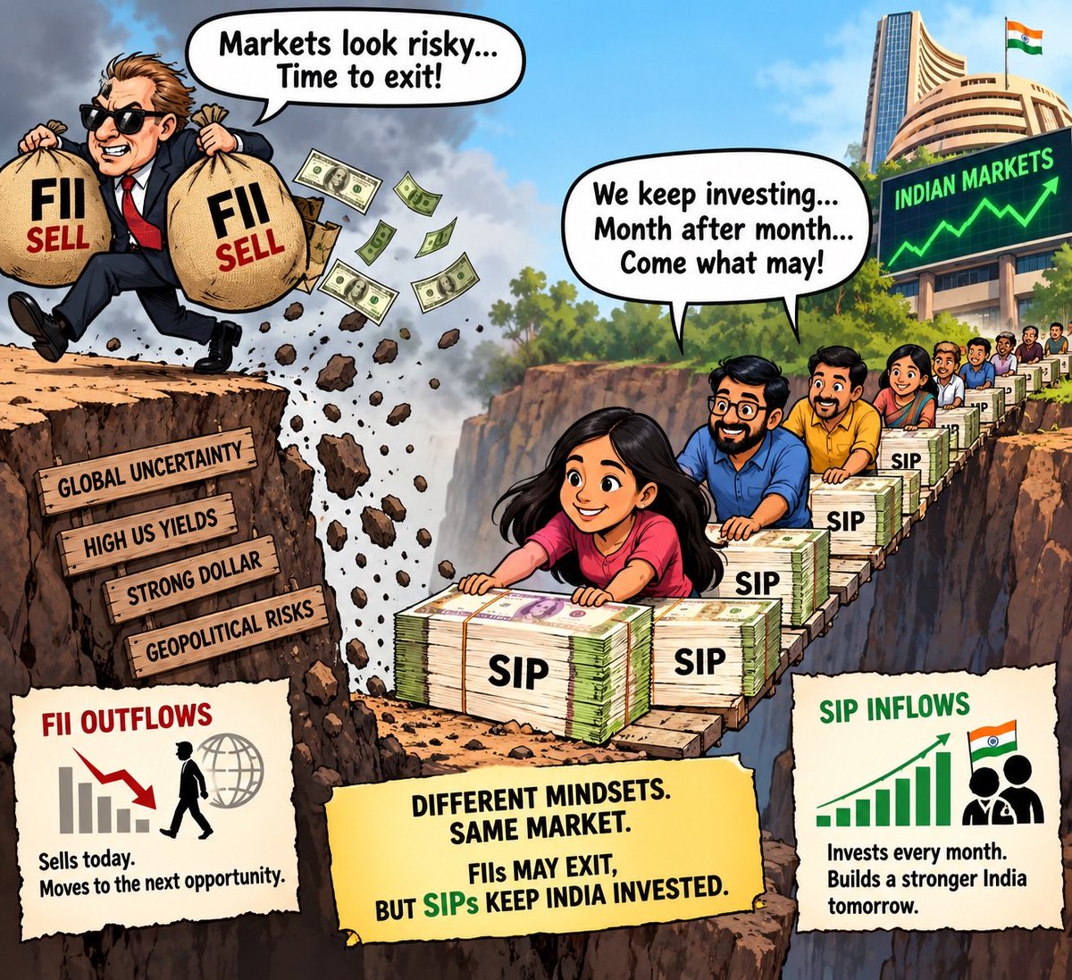 ShaliniRaoSays's tweet photo. FIIs sell billions when fear takes over.
FII: -โน1,708 Cr
DII: โน3,045 Cr
Net Flow: +โน1,336 Cr
Indian SIP investors keep investing, month after month.
FIIs may exit the market, but India's investing habit keeps growing!
#SIP #FII #MutualFunds #DII https://t.co/KKbCcj9xd5