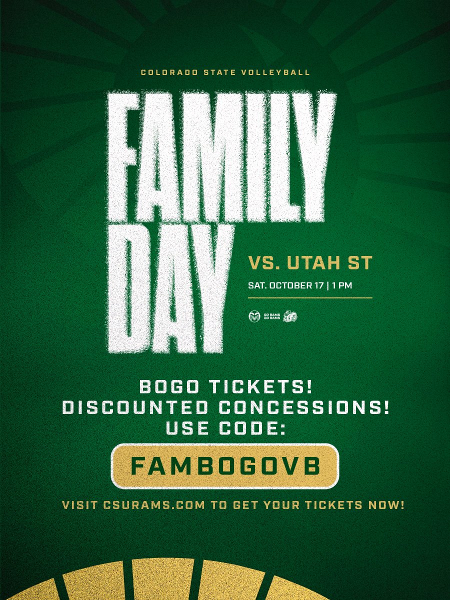 CSUVolleyball's tweet photo. 🚨𝗙𝗮𝗺𝗶𝗹𝘆 𝗗𝗮𝘆 𝗗𝗲𝗮𝗹🚨

Join us this Saturday and bring the whole fam! Buy one, get one tickets and discounted concessions await! Get your tickets now at https://t.co/6xpYLmVCgs https://t.co/RhC6oOTDaX