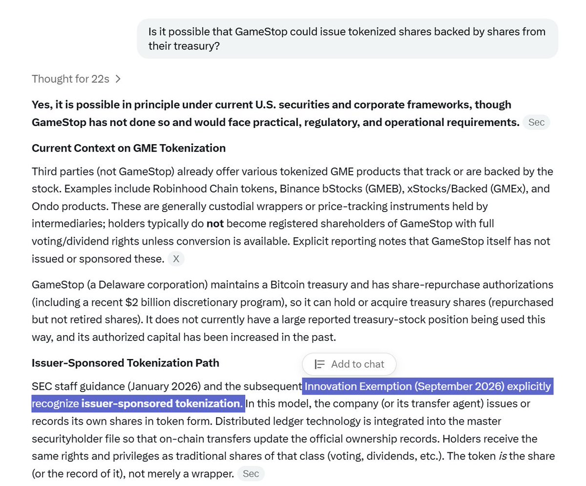MindandEmotion7's tweet photo. Is this the end game?

The pathway for GameStop to issue tokenized shares wasn't explicitly possible until last month. It makes a hell of a lot more sense why Ryan Cohen would have authorized $2 billion of share buy backs. He could buy back shares on the corrupt market, and then sell them back on the blockchain market where they can't be counterfeit. 

This is why we have been waiting for so long, because theoretically back in January the legal framework could have allowed it, but regulators still didn't allow it. I think we know who that was, and she just left her position at the SEC!

Thing about it, Ryan Cohen is quite, then randomly comes out an talked about Judgement Day when the Innovation Exemption explicitly allows what he has been planning for years?🚀