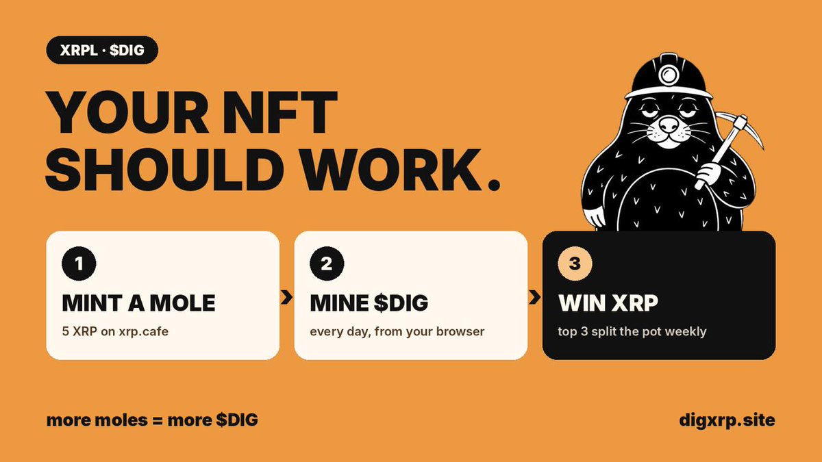 DigXRPL's tweet photo. @Bird_XRPL I built one something on XRPL worth checking out:

1: mint a mole,
2: mine $DIG
3: top diggers split XRP weekly. https://t.co/aeqIKJU11E
