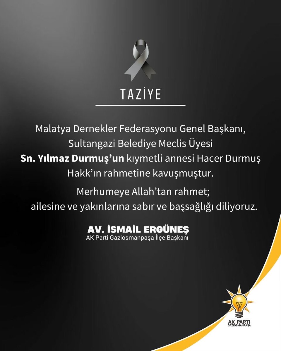 ismailerguness's tweet photo. Malatya Dernekler Federasyonu Genel Başkanı, Sultangazi Belediye Meclis Üyesi Sn. Yılmaz Durmuş’un kıymetli annesi Hacer Durmuş'un vefatını derin bir teessürle öğrenmiş bulunmaktayım.

Merhumeye Cenab-ı Allah’tan rahmet; kederli ailesine, sabır ve başsağlığı diliyorum. https://t.co/5aoVMWrtzB