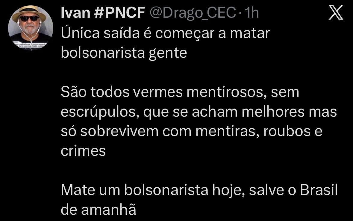 TFSousaBR's tweet photo. GRAVE: Petista fala em MATAR bolsonaristas livremente em seu X, o @Drago_CEC faz ameaças de assassinar pessoas 

@POLICIACIVILMG 
@MafinhaBarba 
@Byanu 
@LEME12 
@barlatti 
@juliovschneider https://t.co/2kRtgUHZ7o
