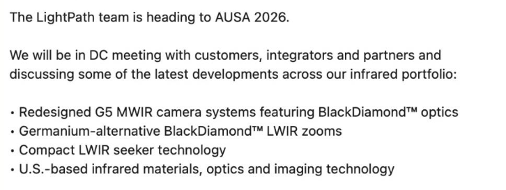 Catalyst_Chaser's tweet photo. $LPTH LightPath is leveraging AUSA 2026 to showcase its new G5 MWIR camera systems, BlackDiamond zooms, and compact LWIR seeker tech to top defense integrators, setting a strong catalyst for potential new military contract announcements over the next month. https://t.co/WmgW11c74K