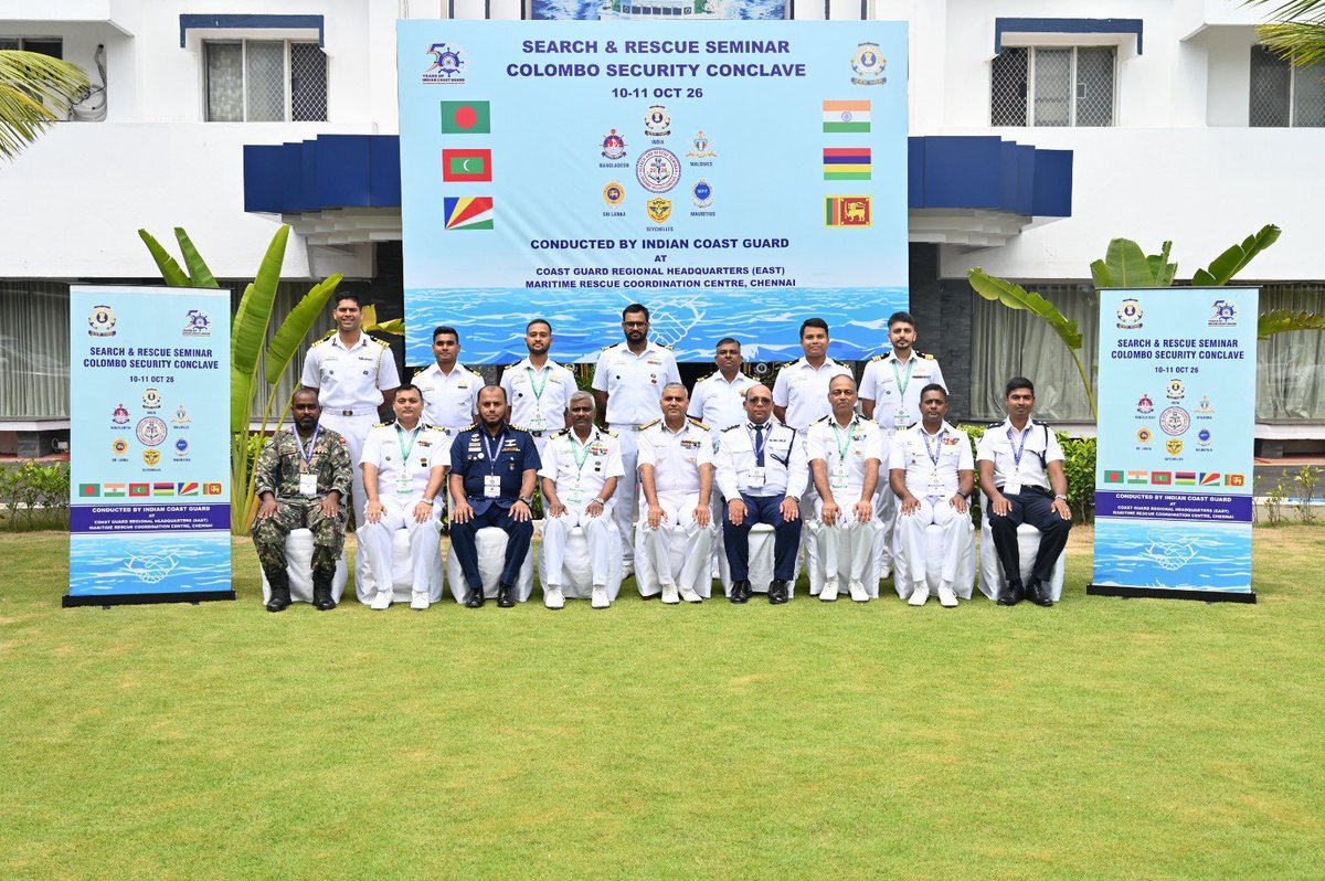 ArgusNews_in's tweet photo. #Chennai: The Indian Coast Guard organised a Maritime Search and Rescue seminar in Chennai on October 10–11 under the Colombo Security Conclave, with participation from five countries. 

The event focused on information sharing, coordination and best practices to strengthen emergency response at sea. 

#ICG #MSAR #ColomboSecurityConclave #MaritimeSafety