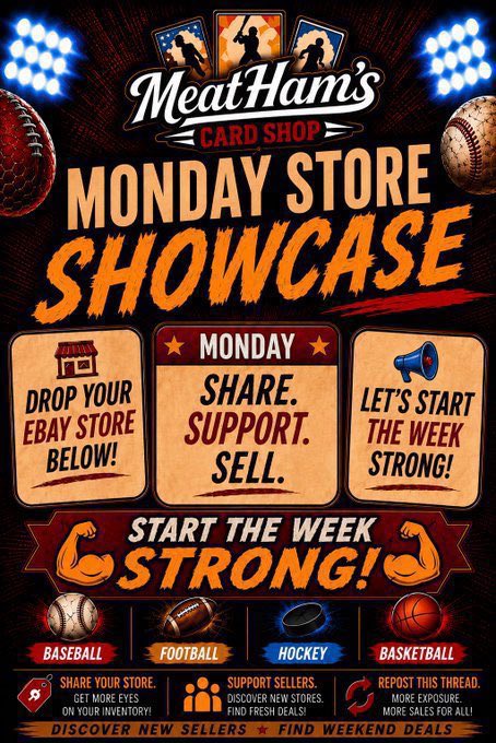 Gbpoker0710's tweet photo. 🚨 MONDAY STORE SHOWCASE! 🚨

A new week is here — let’s start it strong! 💪

Drop your eBay store below! 👇

Let’s put some fresh eyes on everyone’s inventory, discover some new sellers, and help each other make a few deals.

🤝 Follow a few sellers.
❤️ Like a few listings.
🔄 Repost this thread.

SHARE. SUPPORT. SELL.

#TBBCrew #TBBReposts