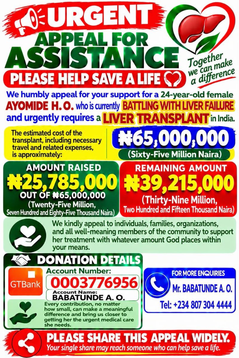 Aheesha_x's tweet photo. FUNDRAISING UPDATE 

Over the past few days, we’ve been able to raise twenty five million naira needed for her treatment. 🥹

A heartfelt thank you to everyone who has donated, retweeted, shared, and helped amplify this appeal. Every contribution and every effort to spread the word means so much. May Allah reward you all abundantly 🤲🏽

However, we still have left about thirty nice million naira to raise, and we need your help to get there.

Please, if you can, donate whatever you can afford. No amount is too small. If you’re unable to donate, kindly retweet and share. You never know who might see this and be able to help.

We’re grateful for how far we’ve come, but we’re not there yet. Please help us keep this going until we reach the goal. 🙏🏽❤️